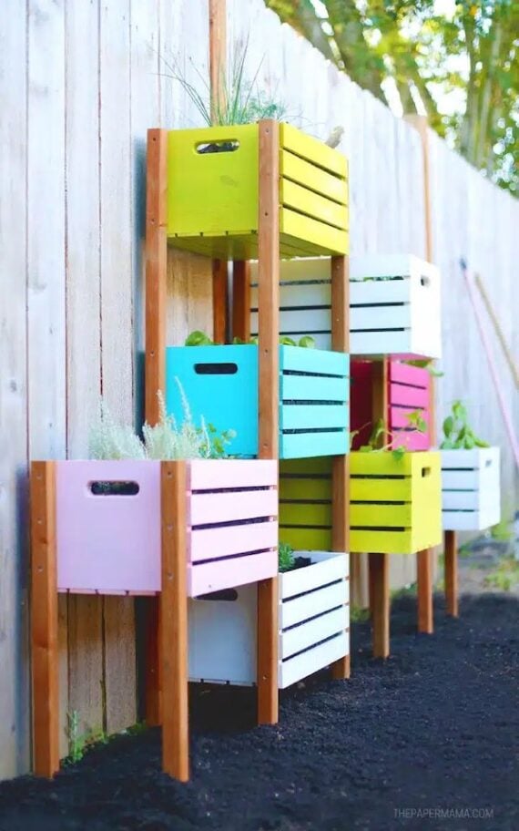 vertical garden project using colorfully painted wooden crates