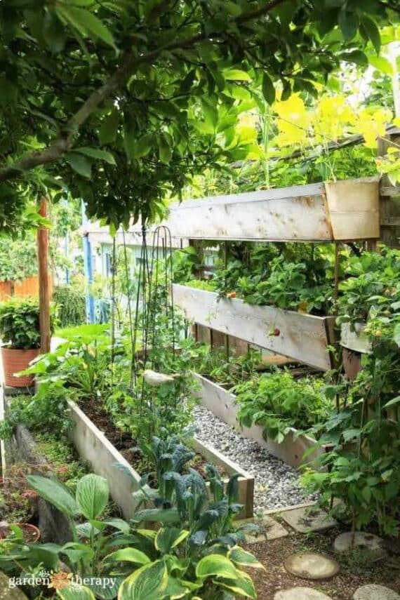 small space garden using wall planters and small raised bed