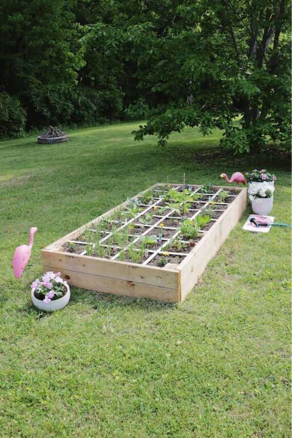 raised garden bed with square foot grid overlay