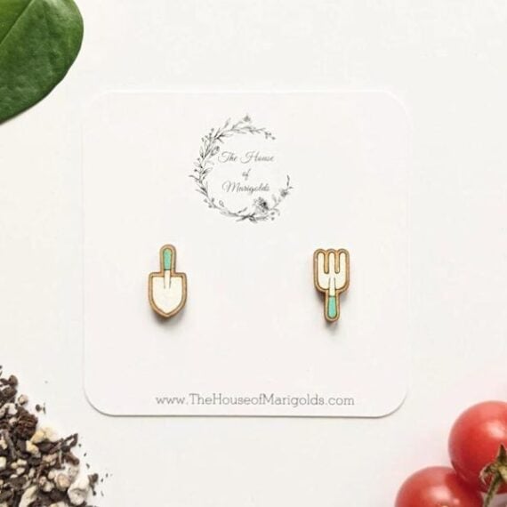 set of earrings in the shape of garden tools