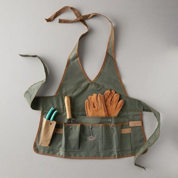 garden apron laid flat on grey background